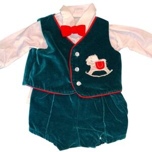 Baby Boy | Velvet 3 Piece Outfit | Shirt Vest Shorts Red Bow Tie Rocking Horse‎